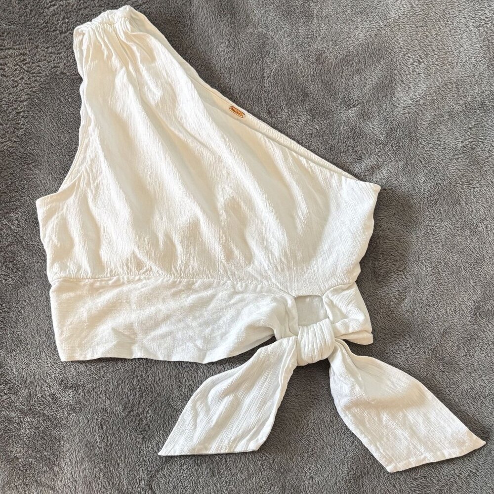 Free People One-Shoulder Crop Top XS White Tie Front Boho Bohemian Coastal